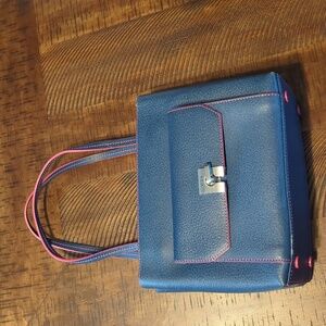 TUMI blue leather w/ pink stitching handbag purse!